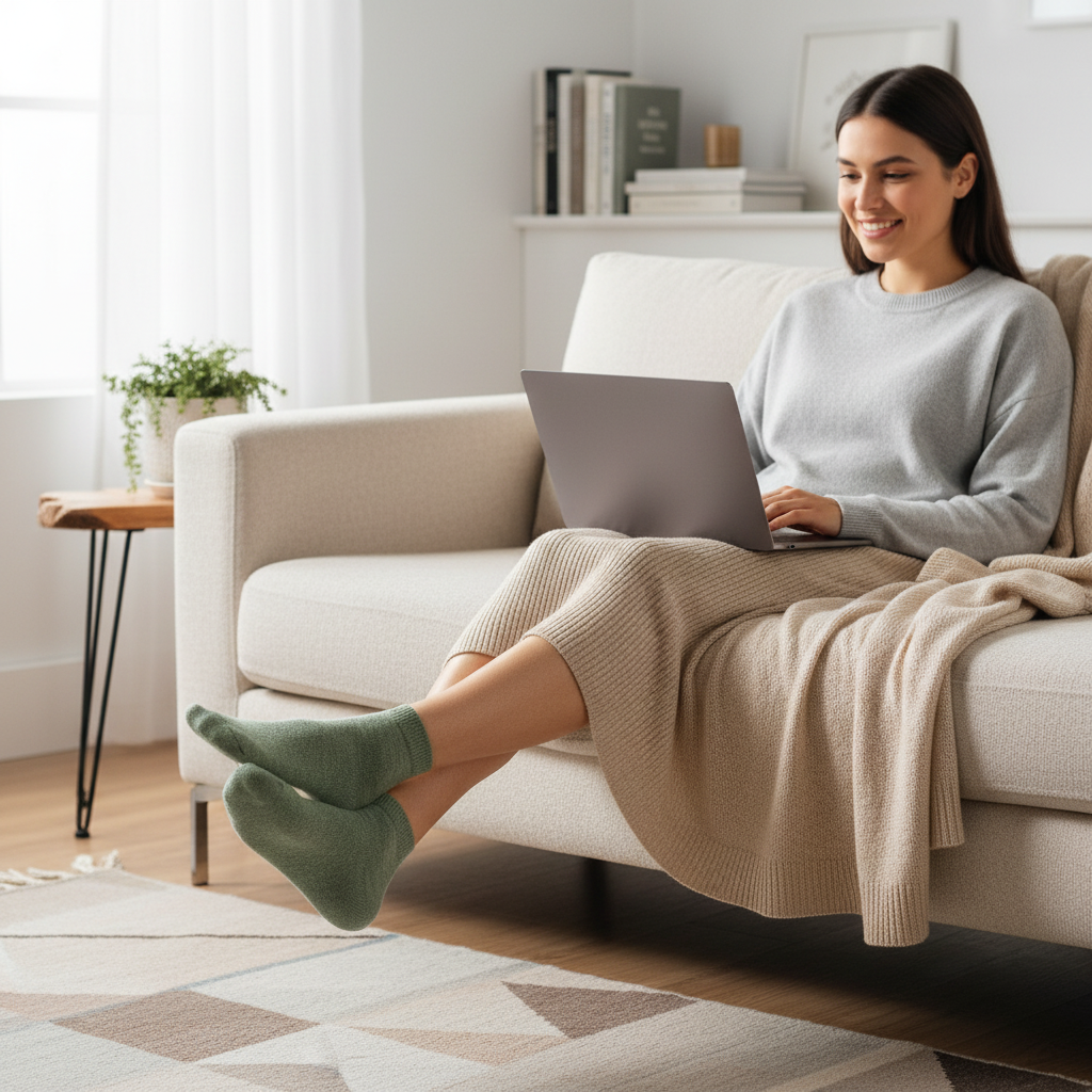 Premium bamboo socks folded neatly on a white surface with a bamboo plant
