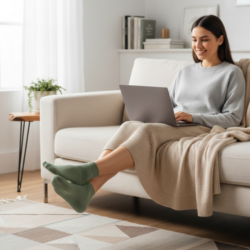Premium bamboo socks folded neatly on a white surface with a bamboo plant